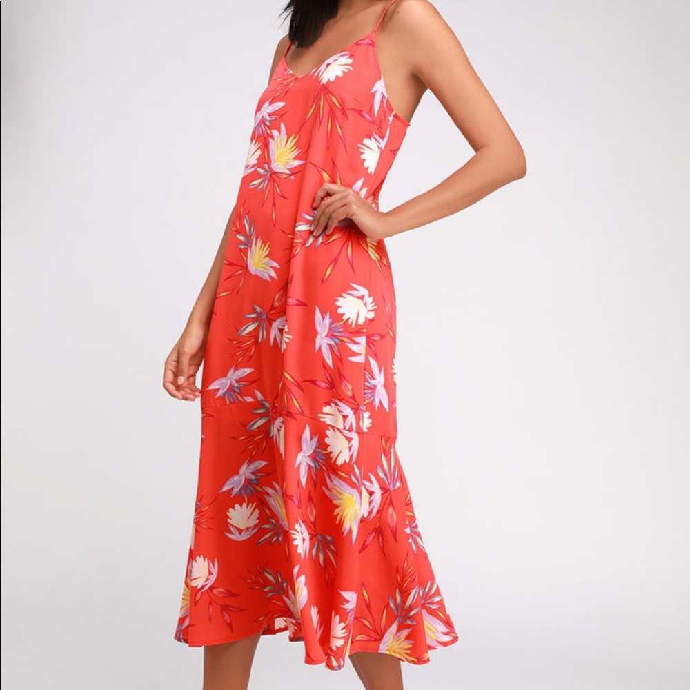 Lulus Coral Red Floral Print Midi Dress